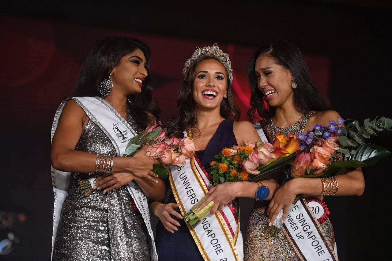 Manuela Bruntraeger winner Miss Universe Singapore 2017 with first runner-up Rudihra Ramathasand and second runner-up Emilbiany Nenggal Intong (Photo Credit: Facebook Official)