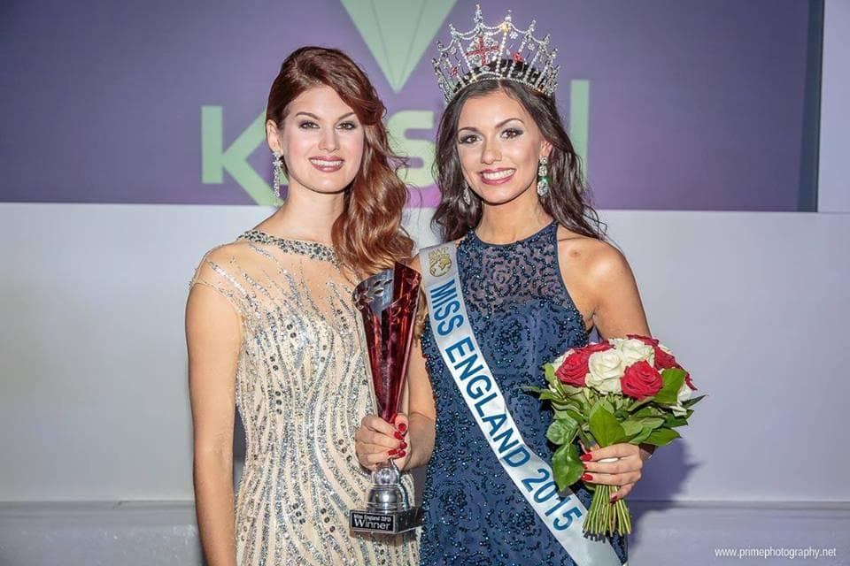 Carina Tyrrell (Miss England 2014) with the newly crowned Miss England 2015 Natasha Hemmings at Rico Arena (Photo Credits: Miss England Official Facebook)